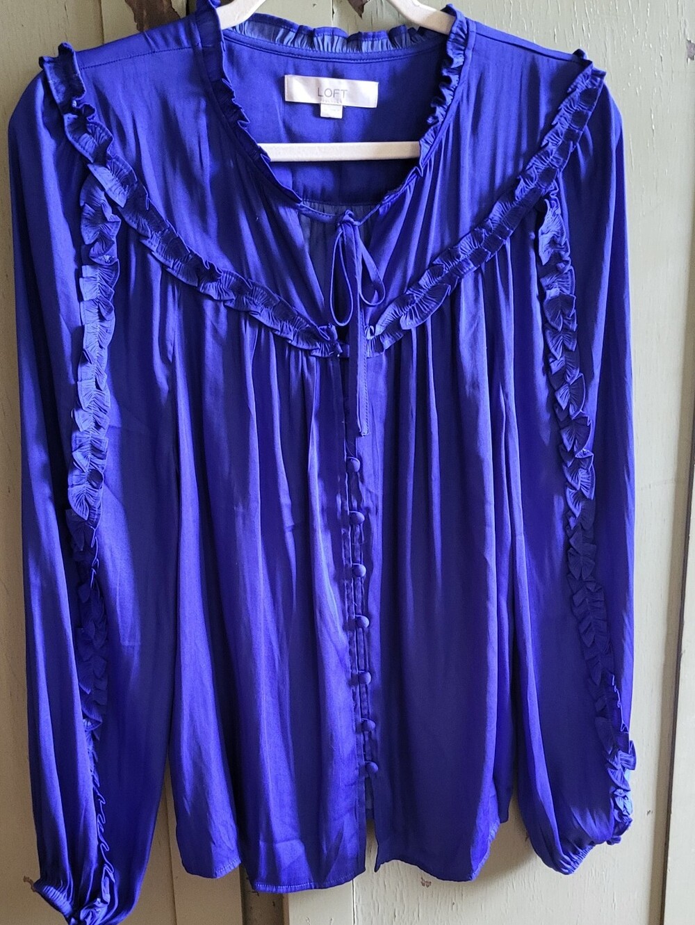 LOFT Royal Blue Ruffle Yoke Keyhole Tie Button-Front Blouse - Size M